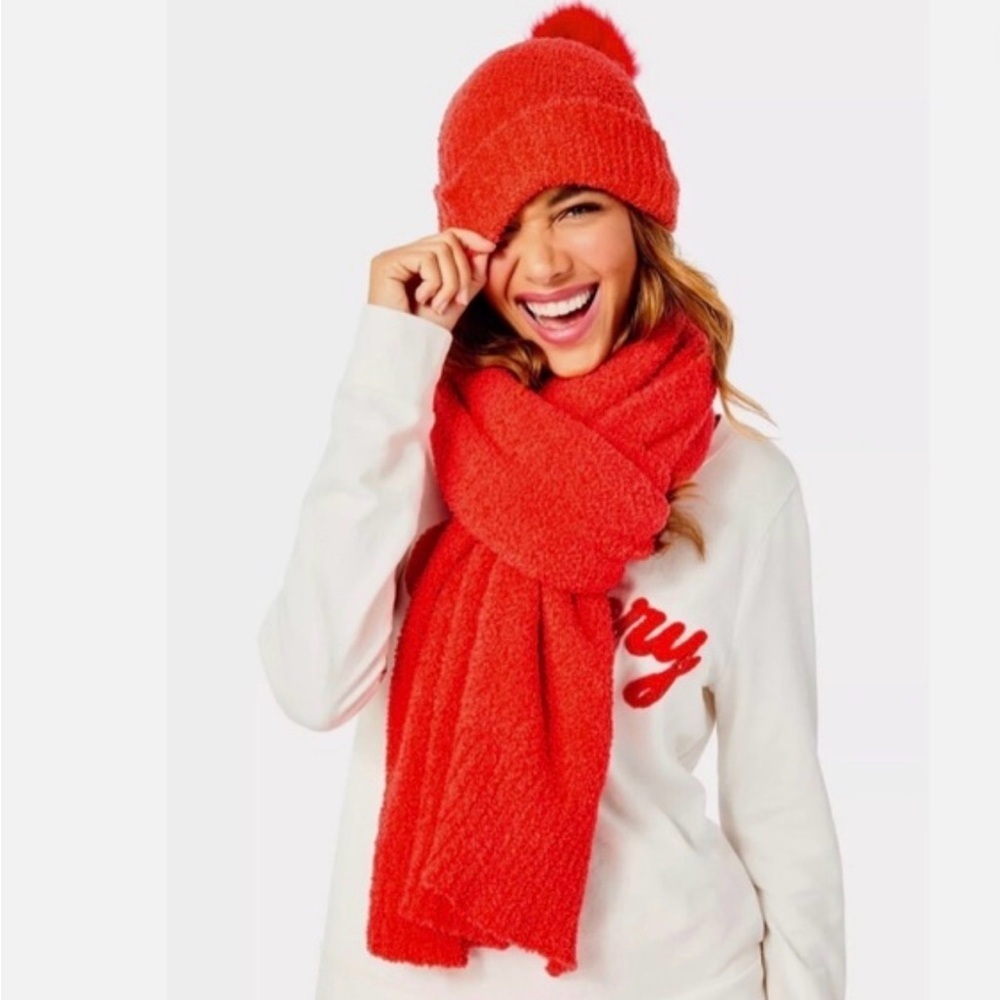 Lilly Pulitzer Coral Knit Pom Beanie and Scarf Set